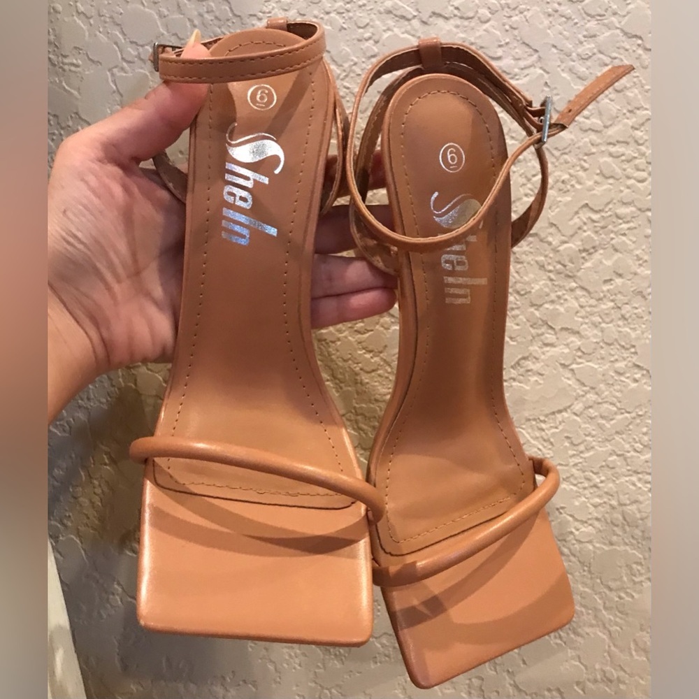 Square Toe Tan/Nude Color Strappy Stiletto 3” Heels - Size 6